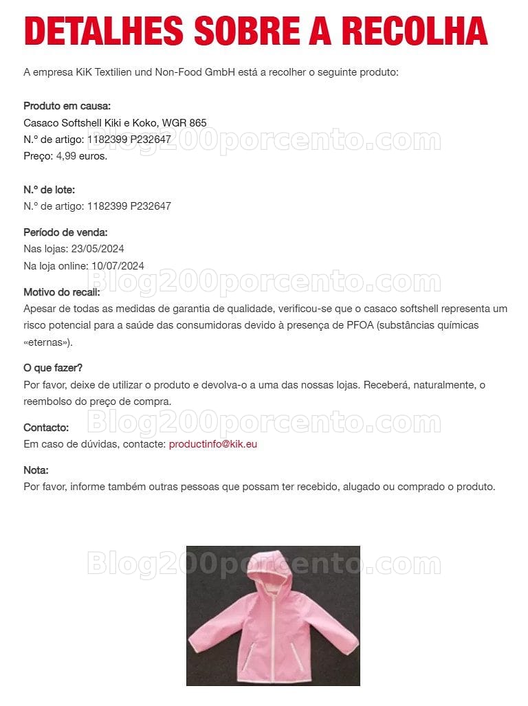 ALERTA - Recolhas em Curso KIK pare de usar e devolva estes artigos!